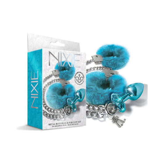 NIXIE METAL BUTT PLUG & FURRY HANDCUFF SET MEDIUM BLUE METALLIC