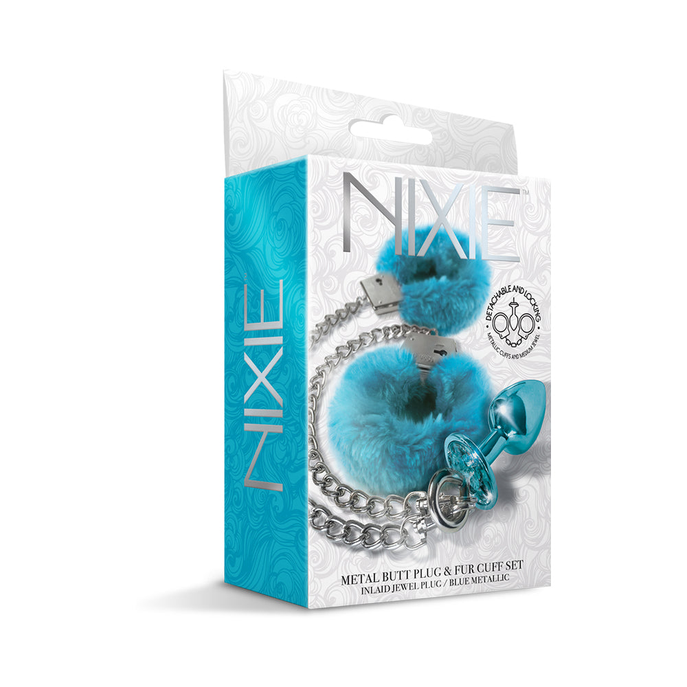 NOVEDADES GLOBALES - JUEGO DE BUTT PLUG METÁLICO NIXIE Y ESPOSAS PELUDAS TALLA MEDIANA AZUL METÁLICO