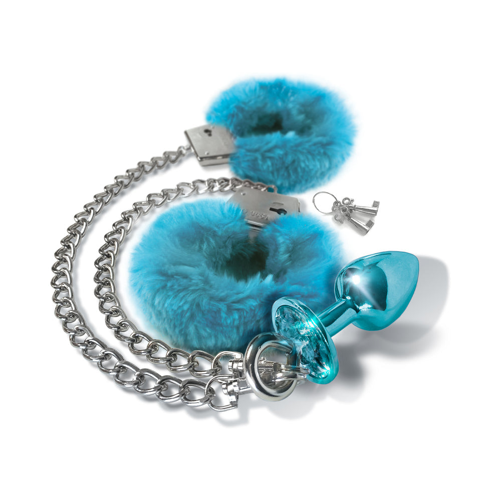 NOVEDADES GLOBALES - JUEGO DE BUTT PLUG METÁLICO NIXIE Y ESPOSAS PELUDAS TALLA MEDIANA AZUL METÁLICO