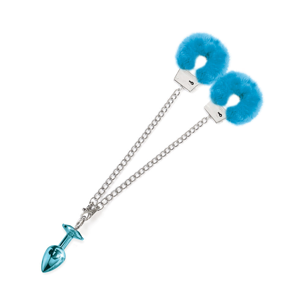 NOVEDADES GLOBALES - JUEGO DE BUTT PLUG METÁLICO NIXIE Y ESPOSAS PELUDAS TALLA MEDIANA AZUL METÁLICO