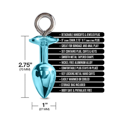 NOVEDADES GLOBALES - JUEGO DE BUTT PLUG METÁLICO NIXIE Y ESPOSAS PELUDAS TALLA MEDIANA AZUL METÁLICO