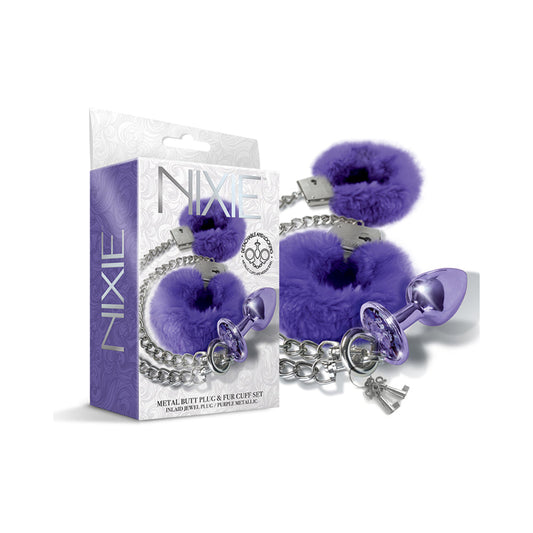 GLOBAL NOVELTIES - NIXIE BUTT PLUG & FURRY HANDCUFF SET MEDIUM METALLIC