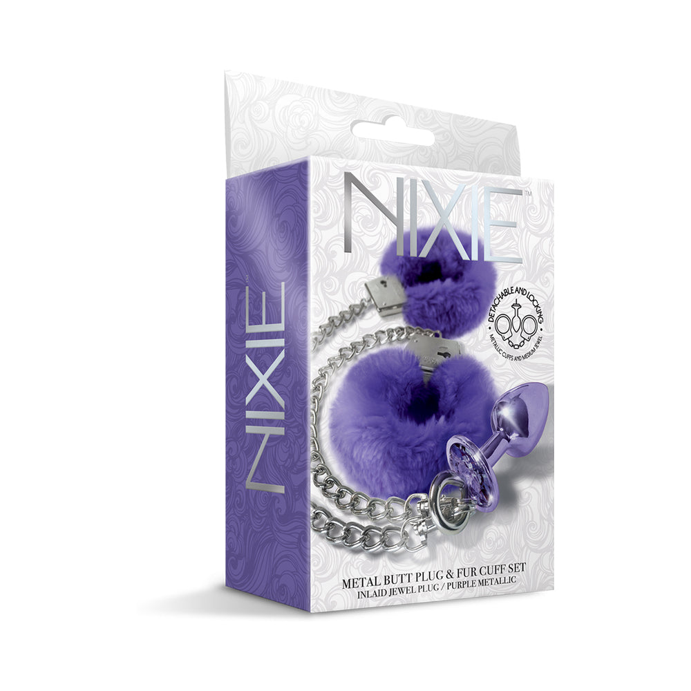 GLOBAL NOVELTIES - NIXIE BUTT PLUG & FURRY HANDCUFF SET MEDIUM METALLIC