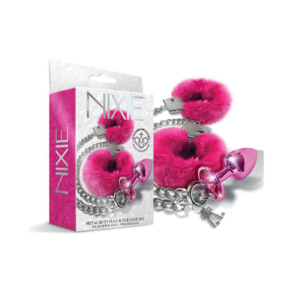GLOBAL NOVELTIES - NIXIE BUTT PLUG & FURRY HANDCUFF SET MEDIUM METALLIC