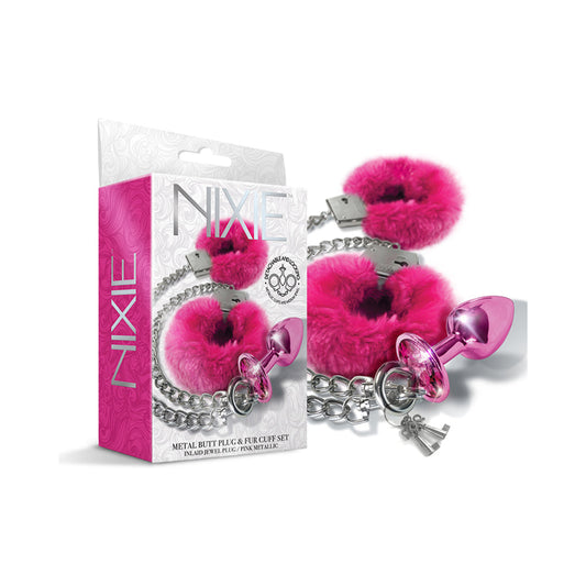 NIXIE METAL BUTT PLUG & FURRY HANDCUFF SET MEDIUM PINK METALLIC