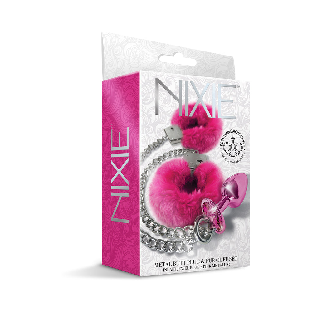 GLOBAL NOVELTIES - NIXIE BUTT PLUG & FURRY HANDCUFF SET MEDIUM METALLIC