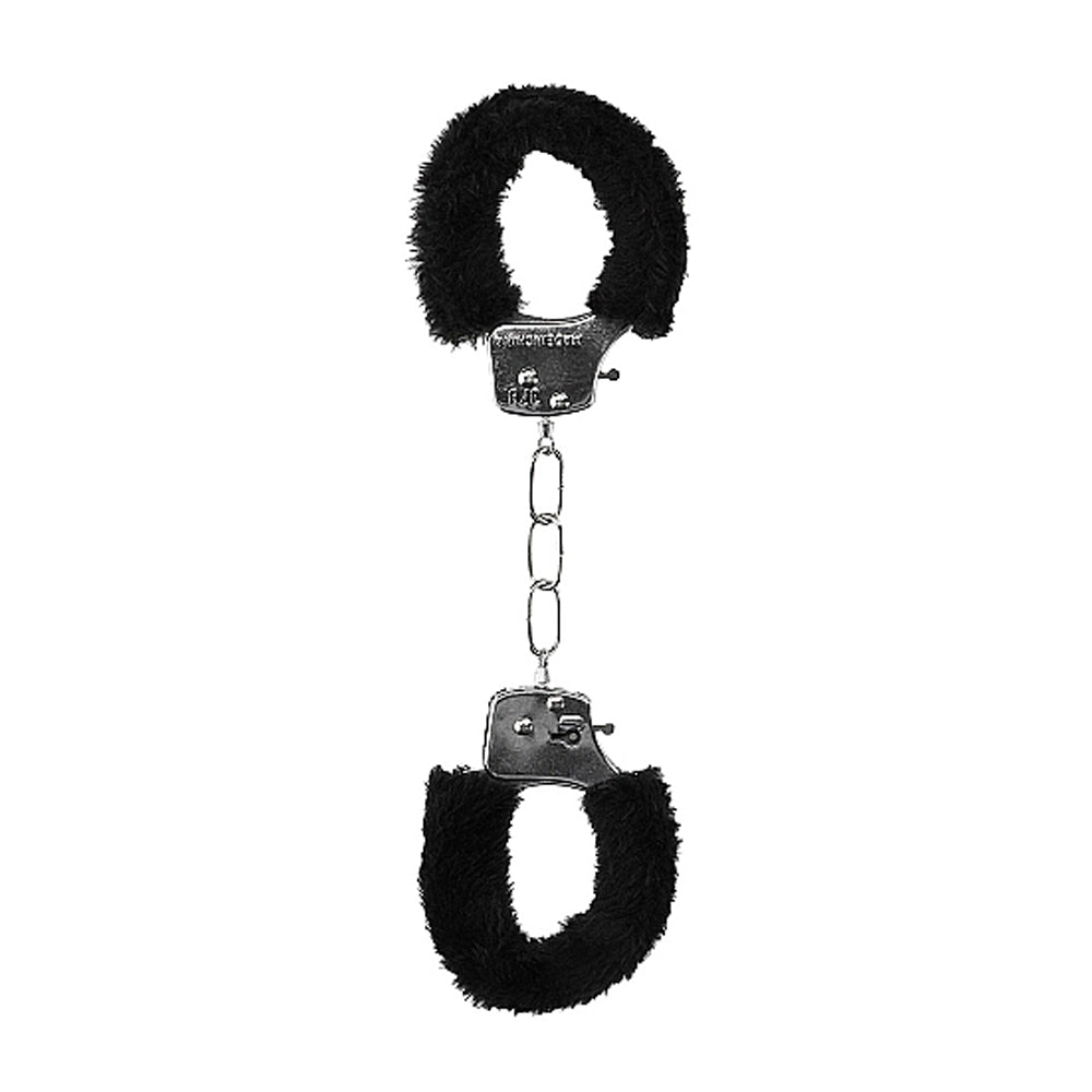 OUCH! BLACK & WHITE BEGINNER PLEASURE FURRY WRIST CUFFS WITH QUICK-RELEASE BUTTON BLACK