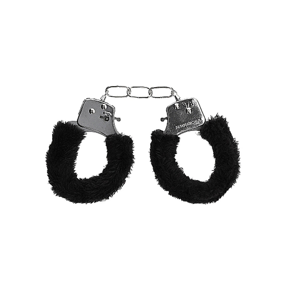 OUCH! BLACK & WHITE BEGINNER PLEASURE FURRY WRIST CUFFS WITH QUICK-RELEASE BUTTON BLACK