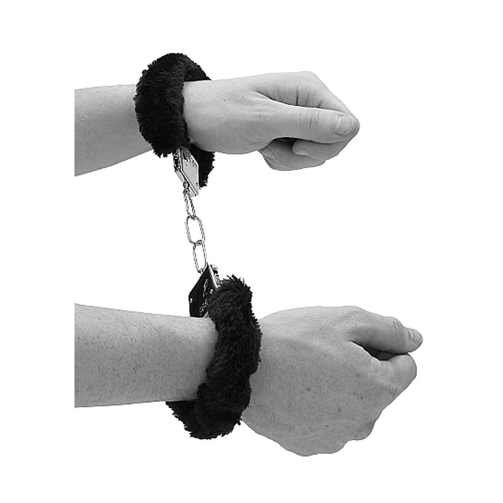 OUCH! BLACK & WHITE BEGINNER PLEASURE FURRY WRIST CUFFS WITH QUICK-RELEASE BUTTON BLACK