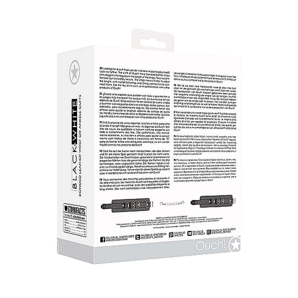 OUCH! BLACK & WHITE ADJUSTABLE BONDED LEATHER WRIST OR ANKLE CUFFS BLACK