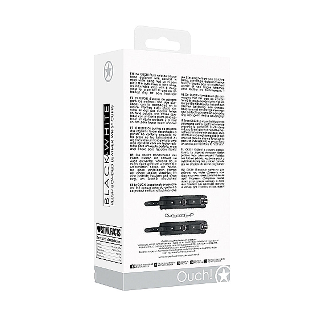 OUCH! BLACK & WHITE ADJUSTABLE PLUSH BONDED LEATHER HAND CUFFS BLACK