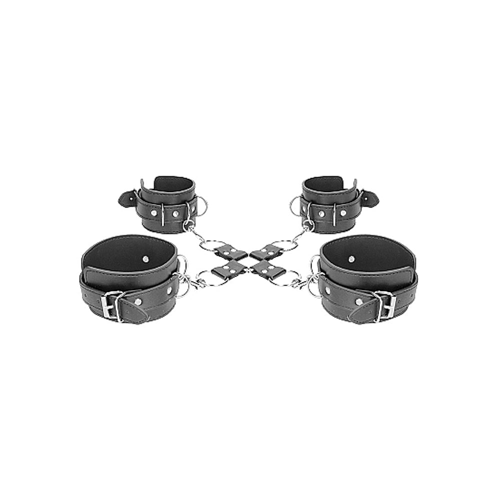 OUCH! BLACK & WHITE BONDED LEATHER HOGTIE WITH HAND & ANKLE CUFFS BLACK