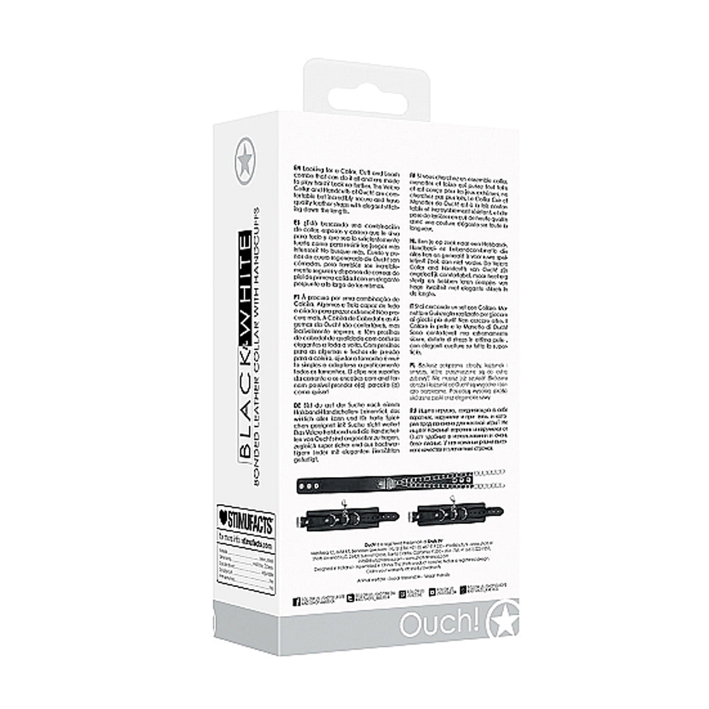 OUCH! BLACK & WHITE ADJUSTABLE BONDED LEATHER COLLAR WITH HAND CUFFS & CHAIN BLACK