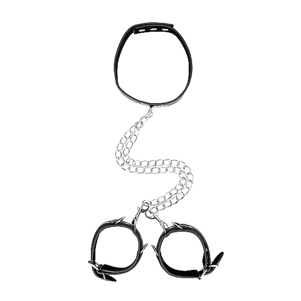 OUCH! BLACK & WHITE ADJUSTABLE BONDED LEATHER COLLAR WITH HAND CUFFS & CHAIN BLACK