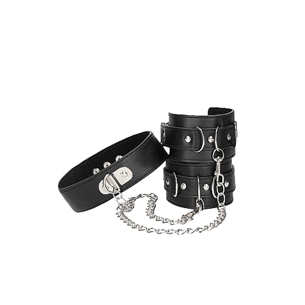 OUCH! BLACK & WHITE ADJUSTABLE BONDED LEATHER COLLAR WITH HAND CUFFS & CHAIN BLACK