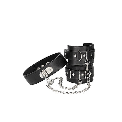 OUCH! BLACK & WHITE ADJUSTABLE BONDED LEATHER COLLAR WITH HAND CUFFS & CHAIN BLACK