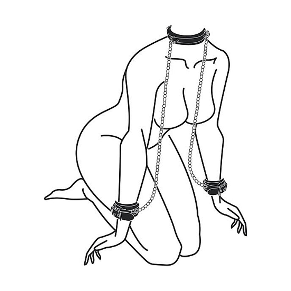 OUCH! BLACK & WHITE ADJUSTABLE BONDED LEATHER COLLAR WITH HAND CUFFS & CHAIN BLACK