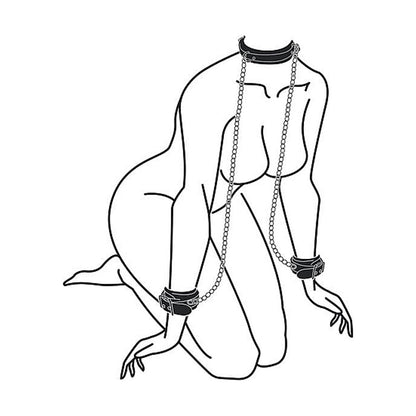 OUCH! BLACK & WHITE ADJUSTABLE BONDED LEATHER COLLAR WITH HAND CUFFS & CHAIN BLACK