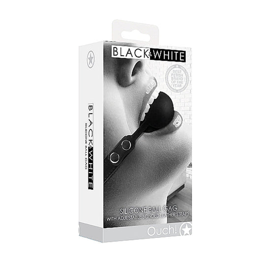 OUCH! BLACK & WHITE SILICONE BALL GAG WITH ADJUSTABLE BONDED LEATHER STRAPS BLACK