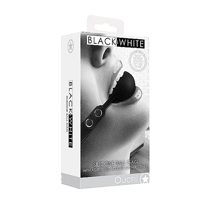DISPAROS - ¡AY! MORDEDOR DE SILICONA BLANCO Y NEGRO CON CORREAS AJUSTABLES DE CUERO UNIDO NEGRAS