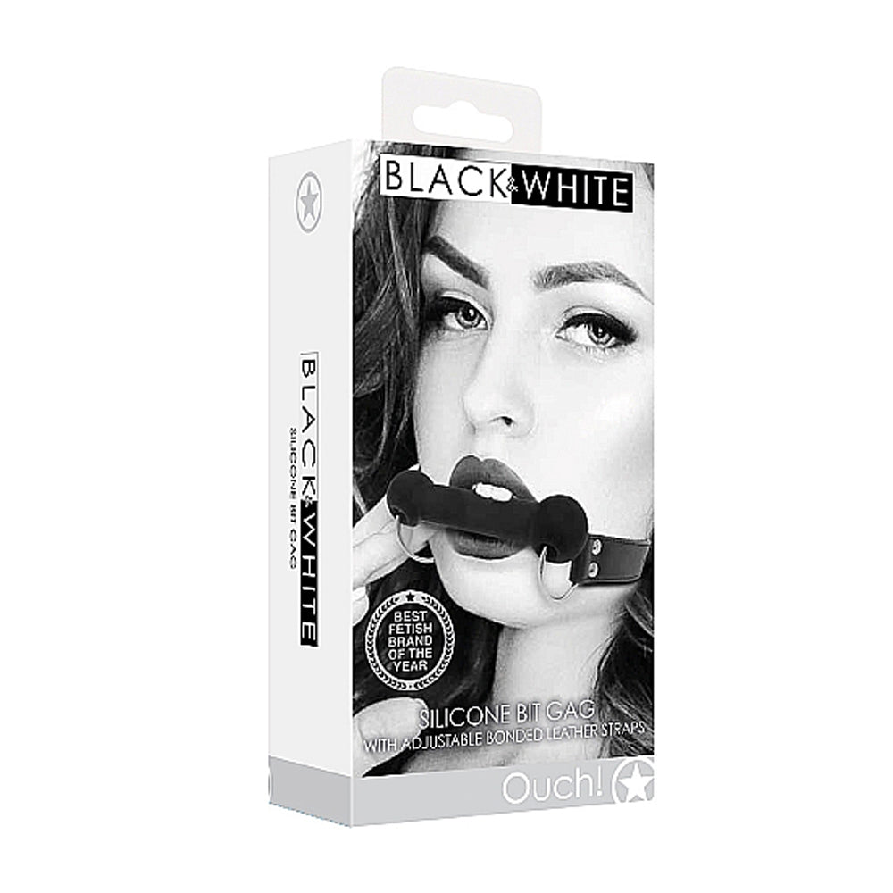 OUCH! BLACK & WHITE SILICONE BIT GAG WITH ADJUSTABLE BONDED LEATHER STRAPS BLACK
