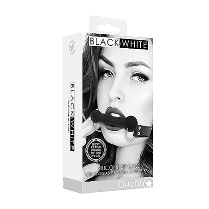 SHOTS - OUCH! BLACK & WHITE SILICONE BIT GAG WITH ADJUSTABLE BONDED LEATHER STRAPS BLACK