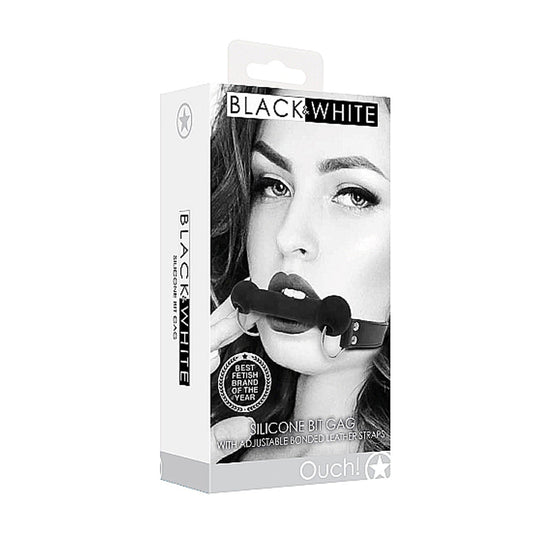 SHOTS - OUCH! BLACK & WHITE SILICONE BIT GAG WITH ADJUSTABLE BONDED LEATHER STRAPS BLACK