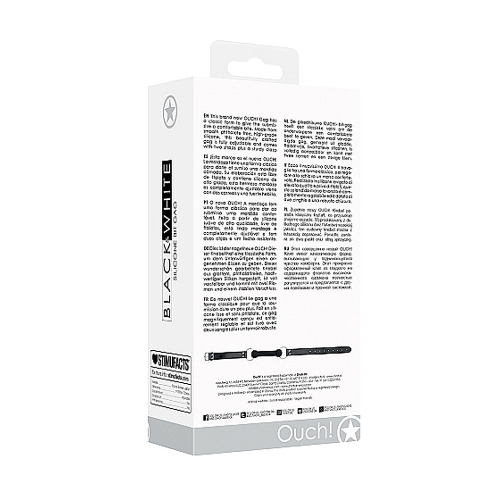 OUCH! BLACK & WHITE SILICONE BIT GAG WITH ADJUSTABLE BONDED LEATHER STRAPS BLACK