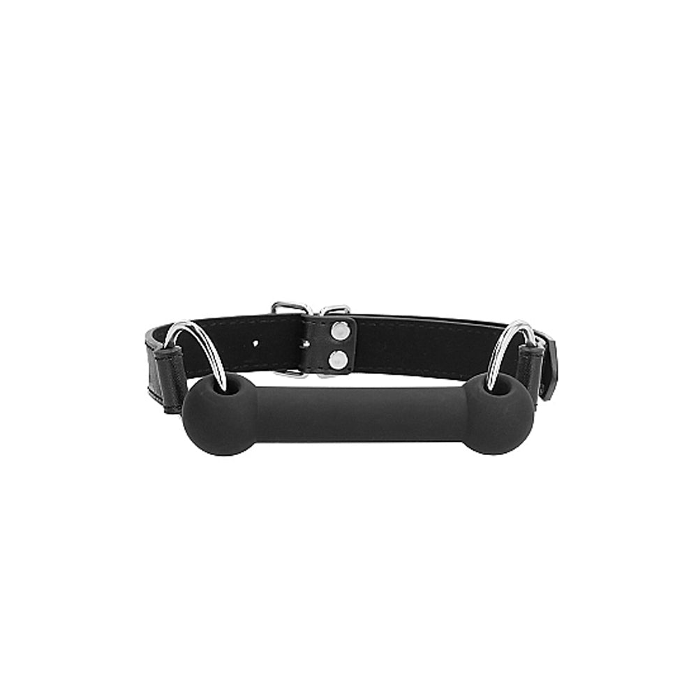 SHOTS - OUCH! BLACK & WHITE SILICONE BIT GAG WITH ADJUSTABLE BONDED LEATHER STRAPS BLACK