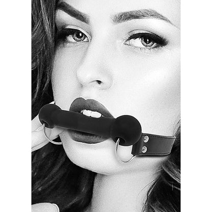 SHOTS - OUCH! BLACK & WHITE SILICONE BIT GAG WITH ADJUSTABLE BONDED LEATHER STRAPS BLACK