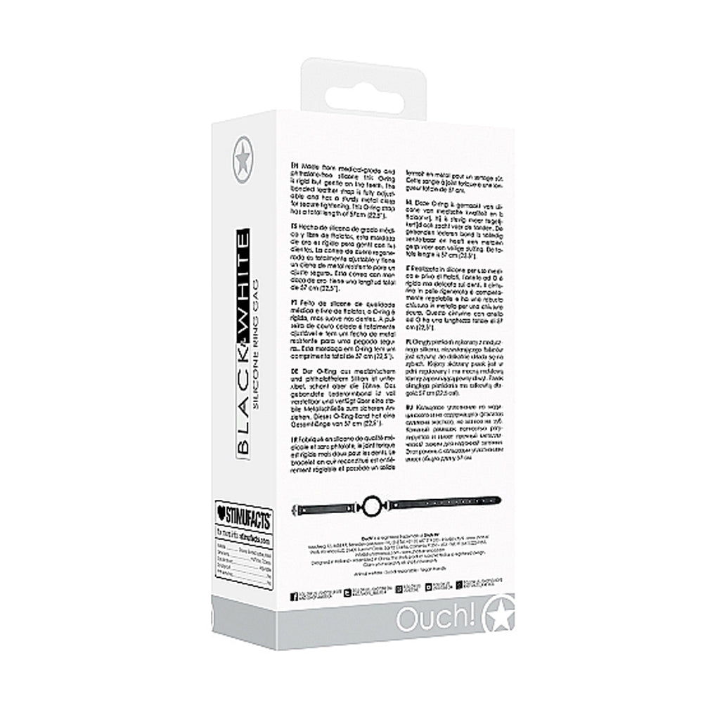 SHOTS - OUCH! BLACK & WHITE SILICONE RING GAG WITH ADJUSTABLE BONDED LEATHER STRAPS BLACK