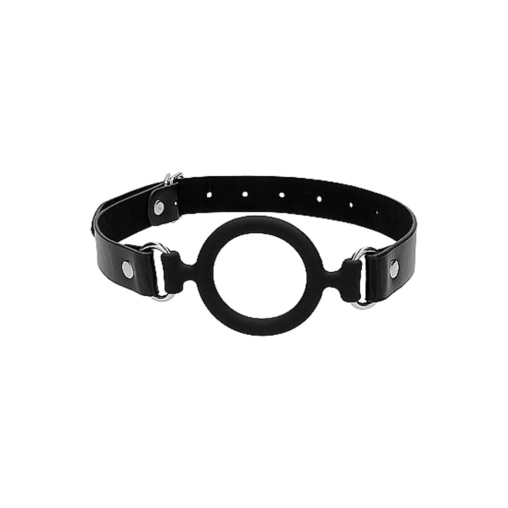 SHOTS - OUCH! BLACK & WHITE SILICONE RING GAG WITH ADJUSTABLE BONDED LEATHER STRAPS BLACK