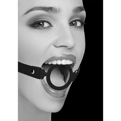 SHOTS - OUCH! BLACK & WHITE SILICONE RING GAG WITH ADJUSTABLE BONDED LEATHER STRAPS BLACK