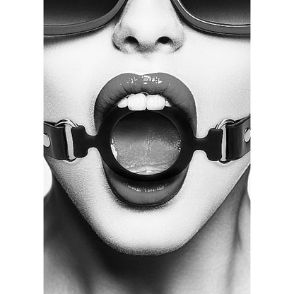 SHOTS - OUCH! BLACK & WHITE SILICONE RING GAG WITH ADJUSTABLE BONDED LEATHER STRAPS BLACK