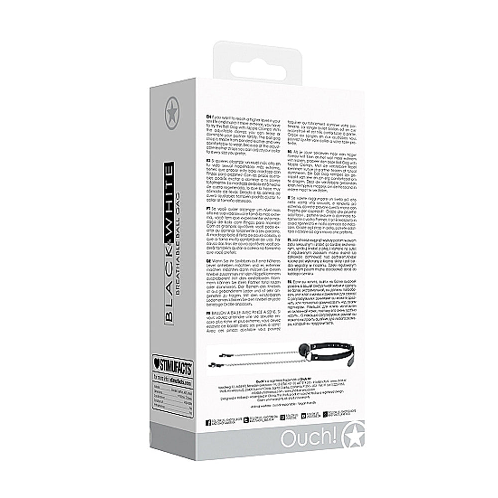 OUCH! BLACK & WHITE BREATHABLE BALL GAG WITH NIPPLE CLAMPS BLACK