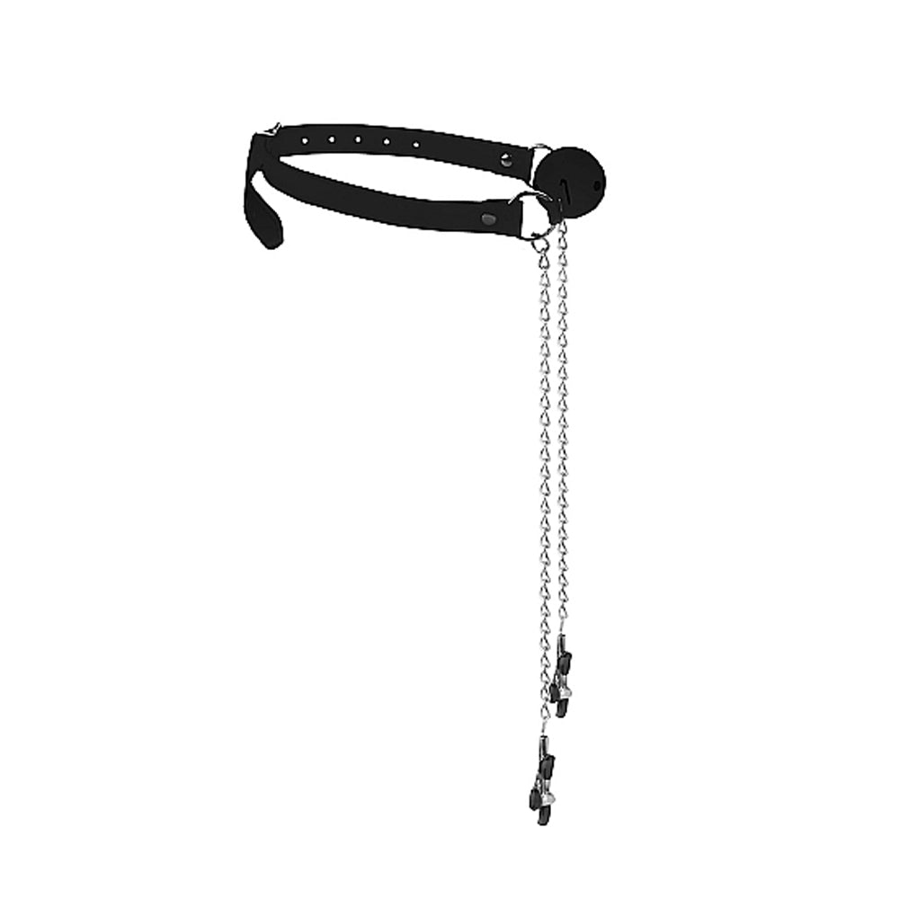 OUCH! BLACK & WHITE BREATHABLE BALL GAG WITH NIPPLE CLAMPS BLACK