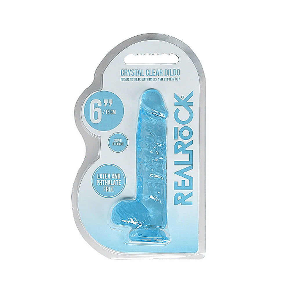 REALROCK CRYSTAL CLEAR REALISTIC 6 IN. DILDO WITH BALLS AND SUCTION CUP BLUE