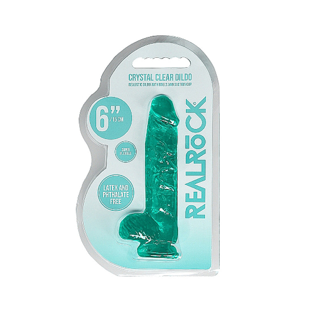 REALROCK CRYSTAL CLEAR REALISTIC 6 IN. DILDO WITH BALLS AND SUCTION CUP TURQUOISE