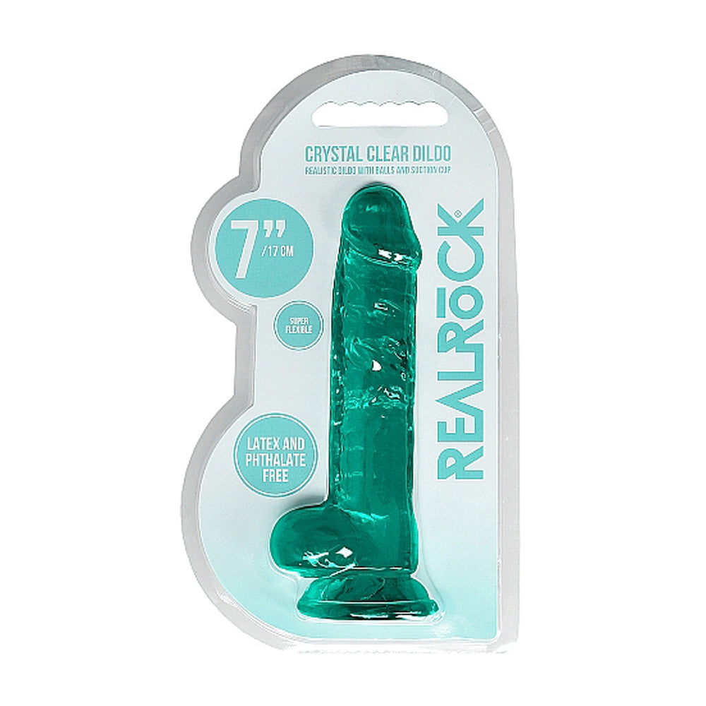 SHOTS - REALROCK CRYSTAL CLEAR REALISTIC 7 IN. DILDO WITH BALLS AND SUCTION CUP TURQUOISE