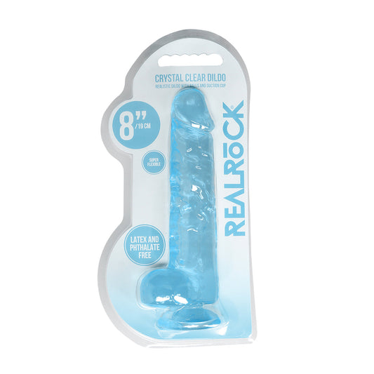 REALROCK CRYSTAL CLEAR REALISTIC 8 IN. DILDO WITH BALLS AND SUCTION CUP BLUE