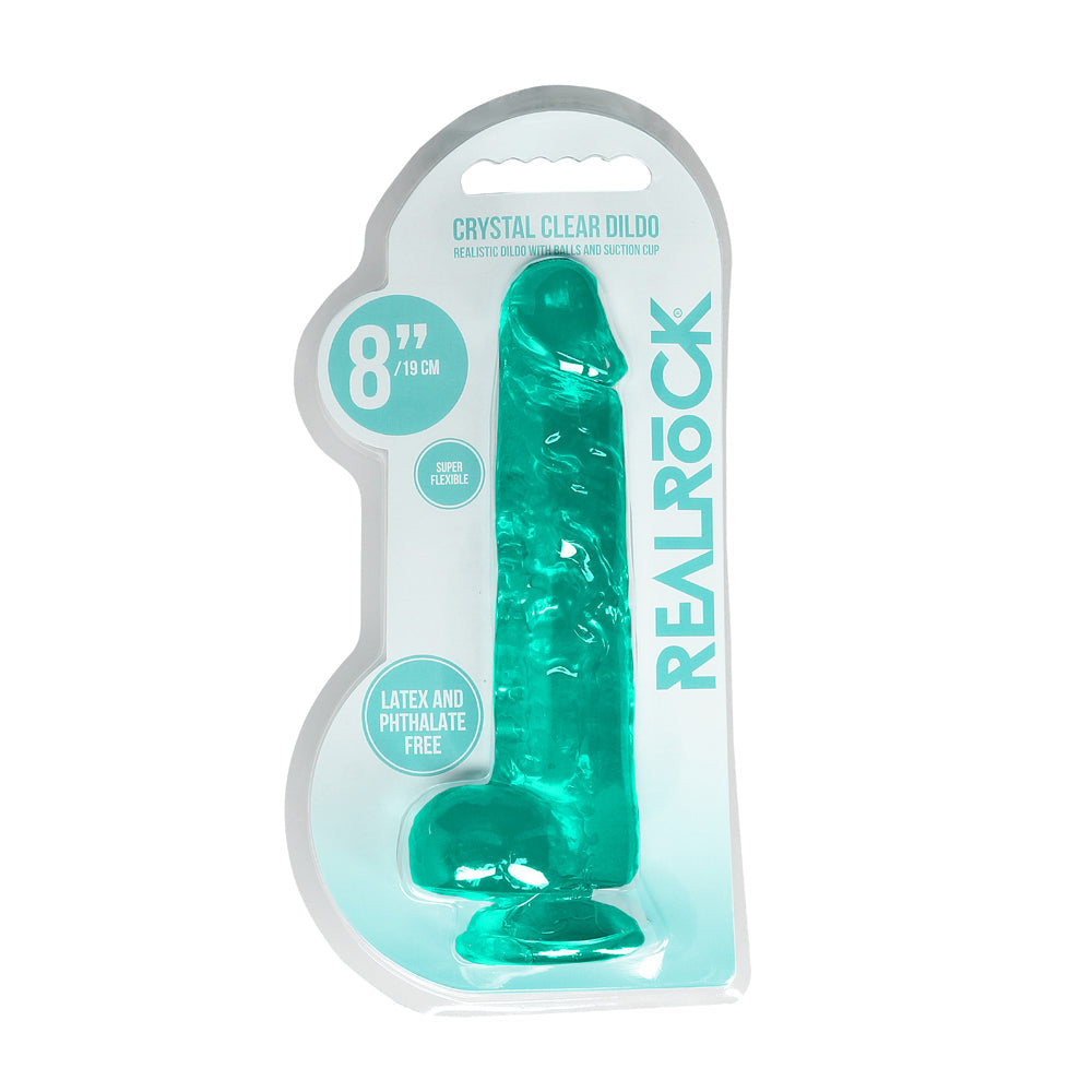 REALROCK CRYSTAL CLEAR REALISTIC 8 IN. DILDO WITH BALLS AND SUCTION CUP TURQUOISE