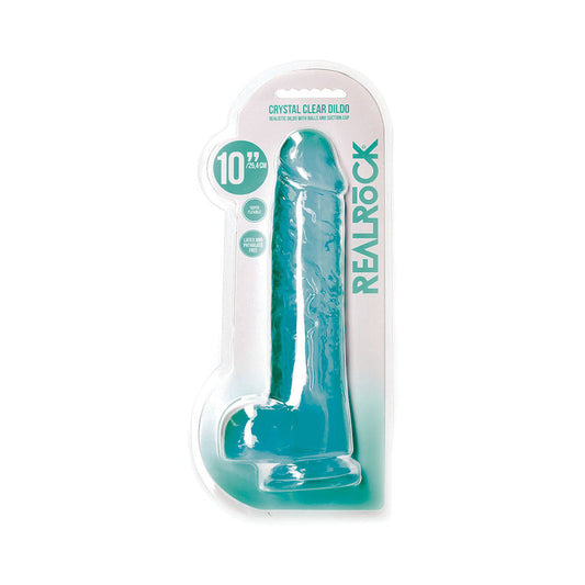 SHOTS - REALROCK CRYSTAL CLEAR REALISTIC 10 IN. DILDO WITH BALLS AND SUCTION CUP TURQUOISE