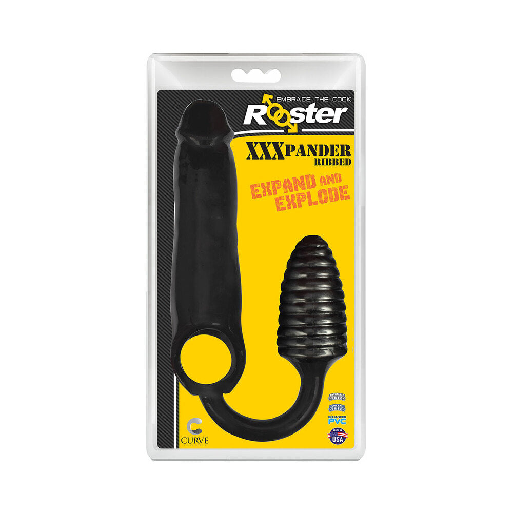 CURVE NOVELTIES - CURVE TOYS ROOSTER XXXPANDER RIBBED PENIS EXTENDER SHEATH WITH COCKRING & ANAL PLUG BLACK