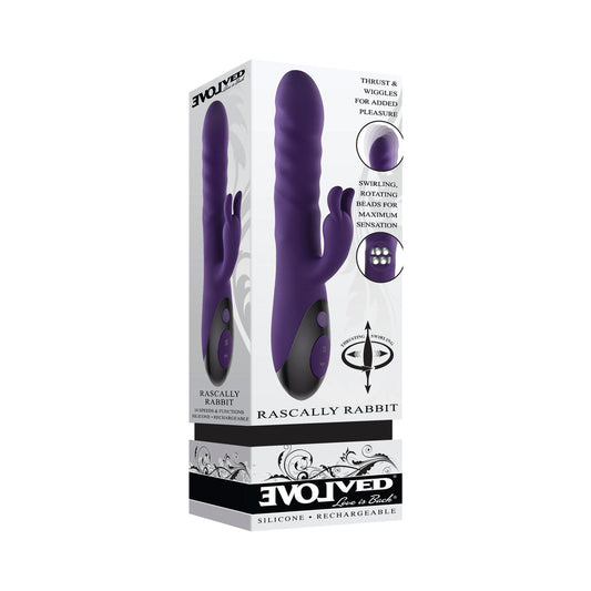 EVOLVED - RASCALLY RABBIT RECHARGEABLE THRUSTING SWIRLING SILICONE VIBRATOR PURPLE