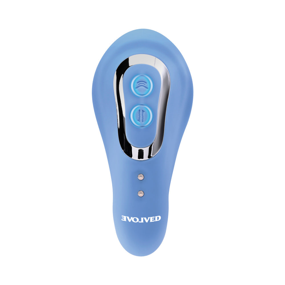EVOLVED TAP & THRUST RECHARGEABLE THRUSTING PULSING SILICONE DUAL STIMULATOR BLUE