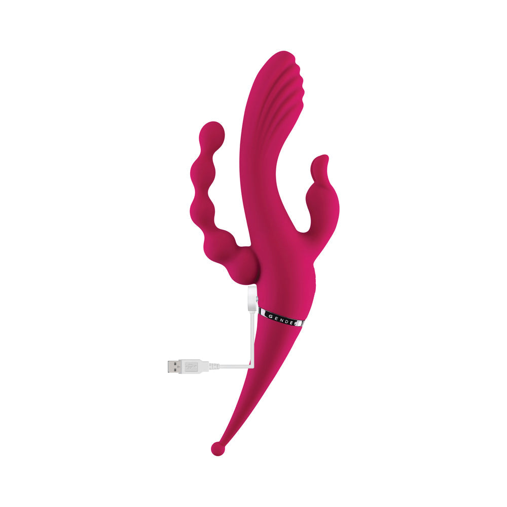 GENDER X - FOUR BY FOUR RECHARGEABLE DUAL-ENDED MULTI-STIMULATING SILICONE VIBRATOR BURGUNDY