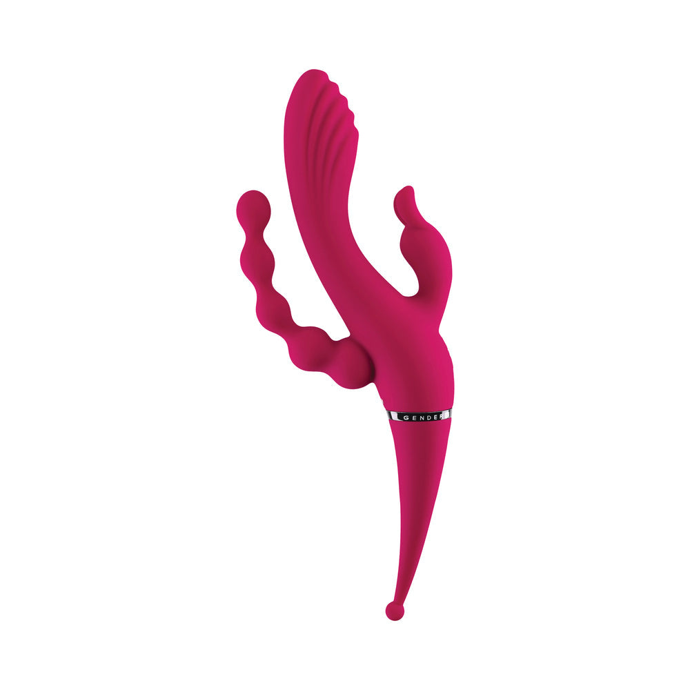 GENDER X - FOUR BY FOUR RECHARGEABLE DUAL-ENDED MULTI-STIMULATING SILICONE VIBRATOR BURGUNDY