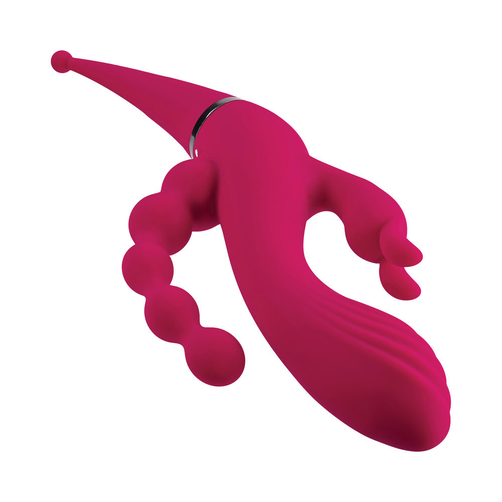 GENDER X - FOUR BY FOUR RECHARGEABLE DUAL-ENDED MULTI-STIMULATING SILICONE VIBRATOR BURGUNDY
