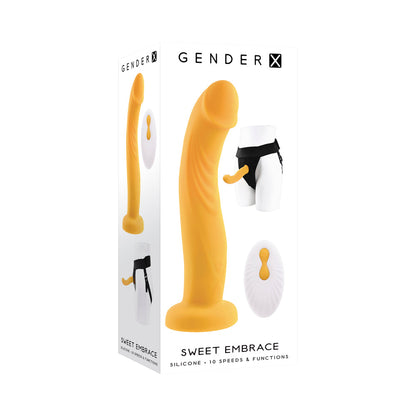GENDER X SWEET EMBRACE VIBRATING 7 IN. DILDO AND JOCK-STYLE STRAP-ON HARNESS SET YELLOW/BLACK