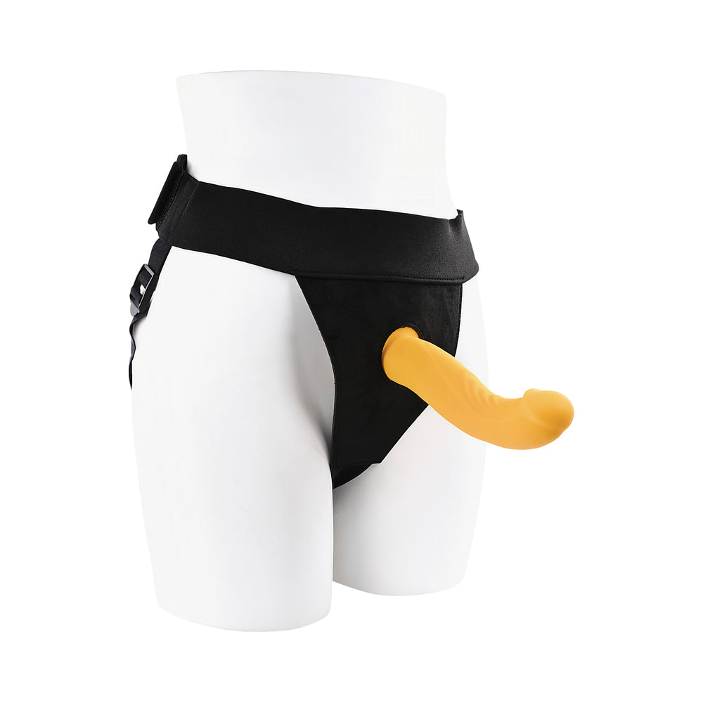 GENDER X SWEET EMBRACE VIBRATING 7 IN. DILDO AND JOCK-STYLE STRAP-ON HARNESS SET YELLOW/BLACK